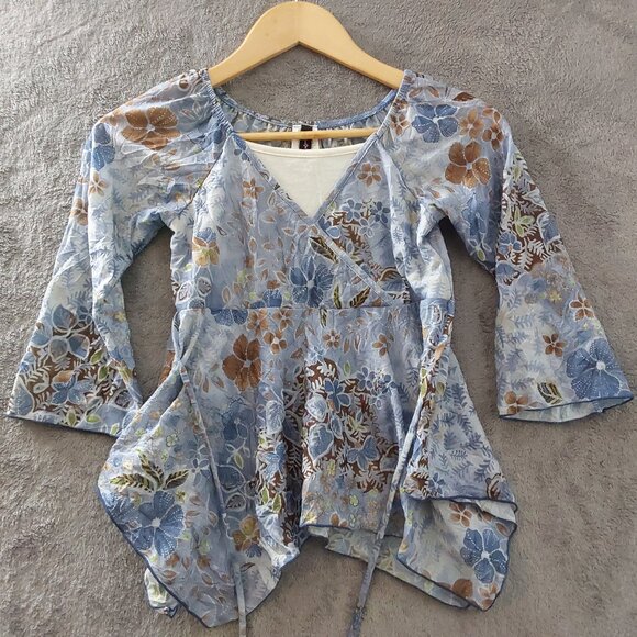 Vintage Lily Bleu Girls Sheer Floral Top Blue Brown Layered Size 10/12 - Picture 1 of 8